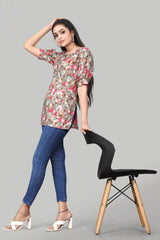 Women’s Brown Crepe Tunic with Floral Pattern and Round Neck
