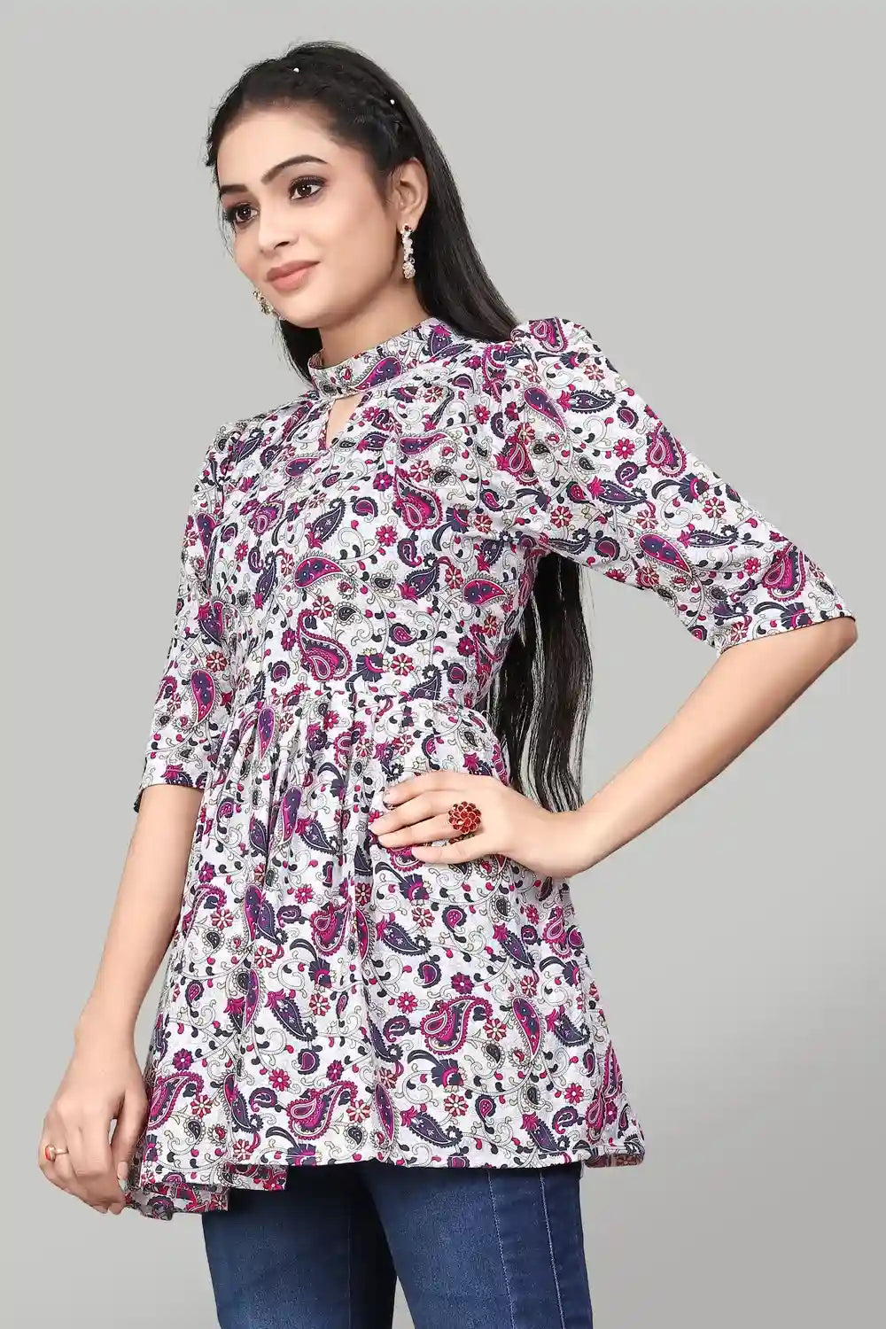 Women’s Casual and Party Wear Pink Floral Mango Crepe Tunic
