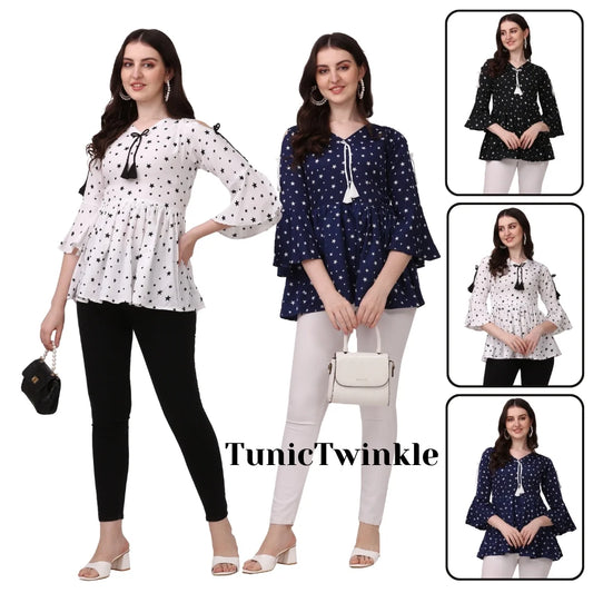 Women's Stylish Star Print Crepe Top | V-Neck, Bell Sleeves | Casual & Party Wear
