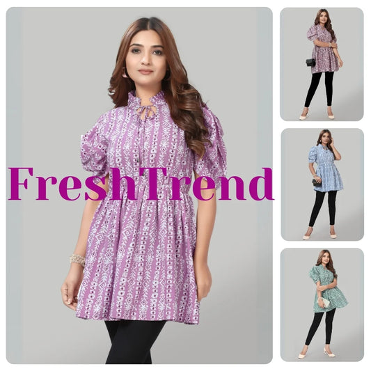 Women's Tie-Up Neck Puff Sleeve Crepe Tunic - Casual & Office Wear
