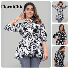 Women's White & Black Crepe Floral Ruffle Neck Top – Perfect for Casual & Party Looks

