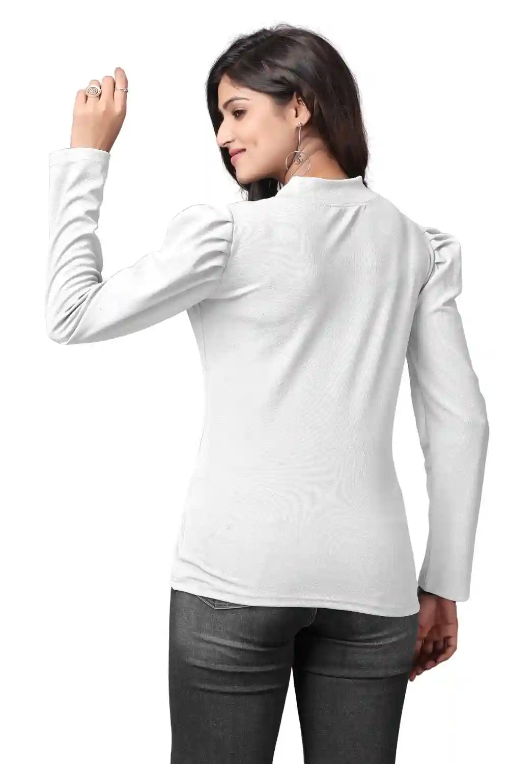 Women’s White Fashionable Puff Sleeve Hip-Length T-Shirt
