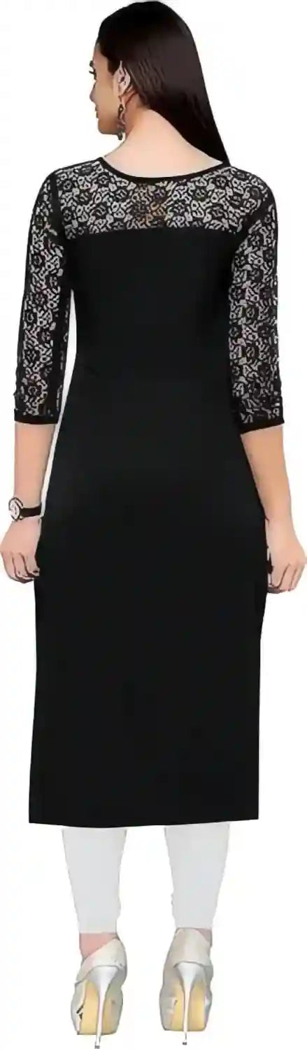 Women's black A-line crepe kurtis round neck three-quarter sleeves

