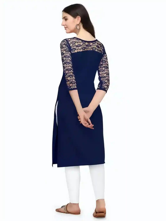 Women's blue A-line crepe kurtis round neck three-quarter sleeves


