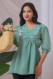 Women’s light green V-neck embroidered georgette blouse

