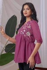 Women’s peach V-neck embroidered georgette blouse

