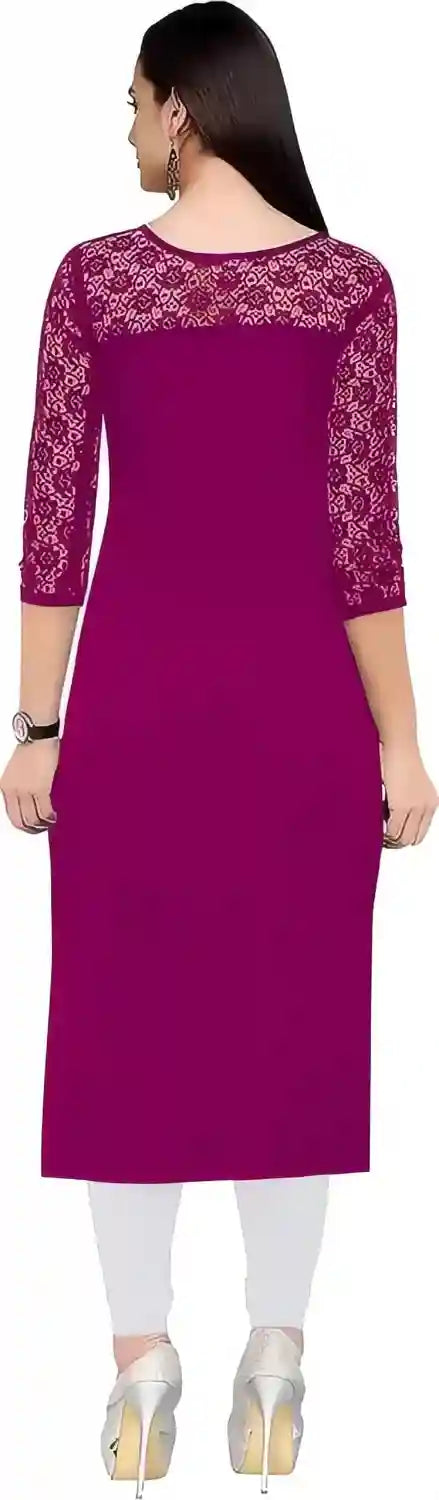 Women's purple A-line crepe kurtis round neck three-quarter sleeves

