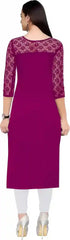 Women's purple A-line crepe kurtis round neck three-quarter sleeves

