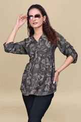 ZELZIS Black Printed Cotton V-Neck Tunic Top with Ruffle Sleeves