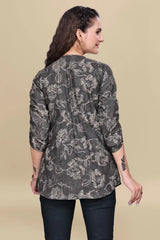 ZELZIS Black Printed Cotton V-Neck Tunic Top with Ruffle Sleeves