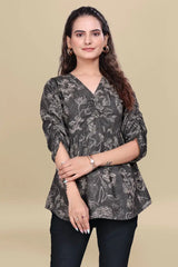 ZELZIS Black Printed Cotton V-Neck Tunic Top with Ruffle Sleeves