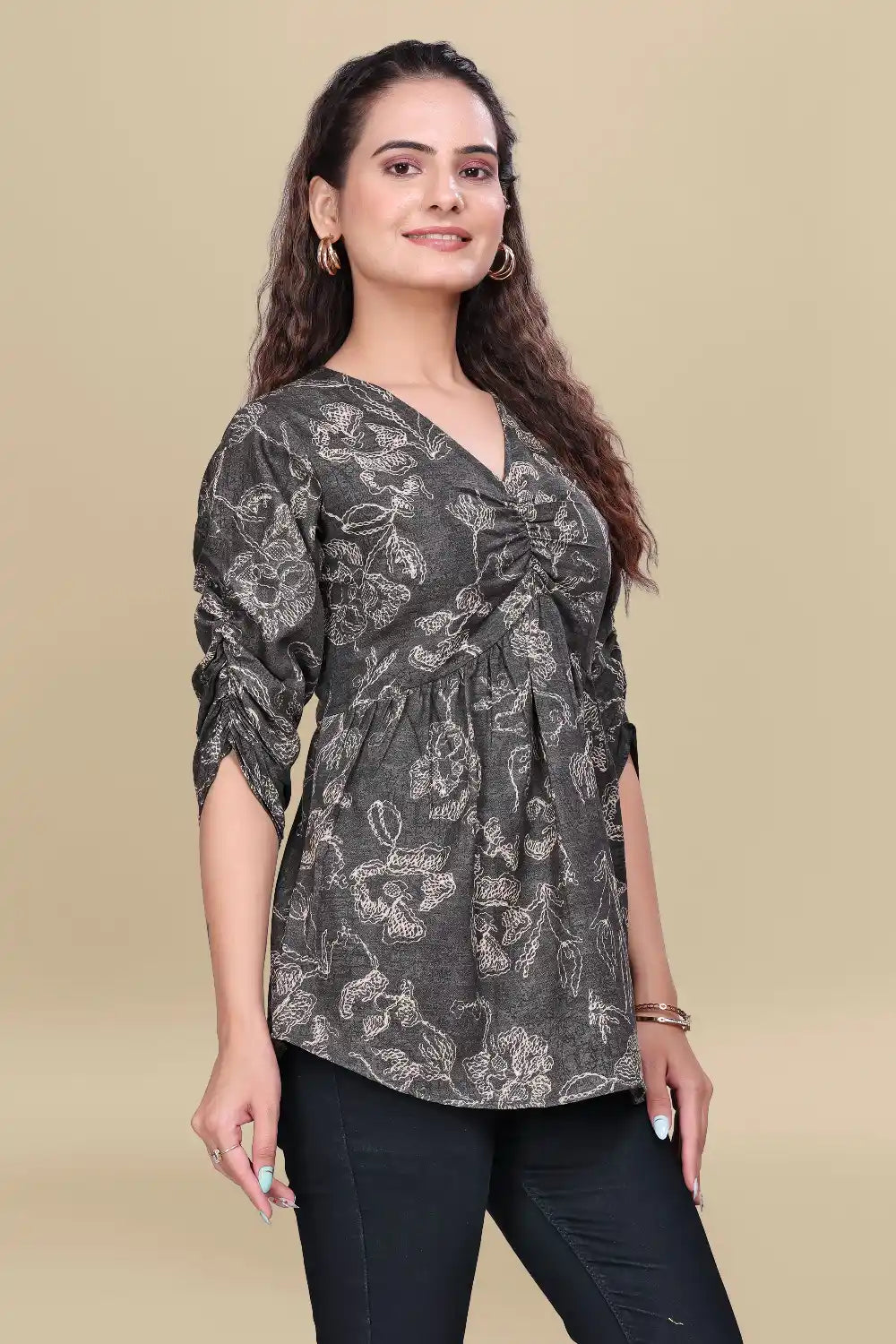 ZELZIS Black Printed Cotton V-Neck Tunic Top with Ruffle Sleeves