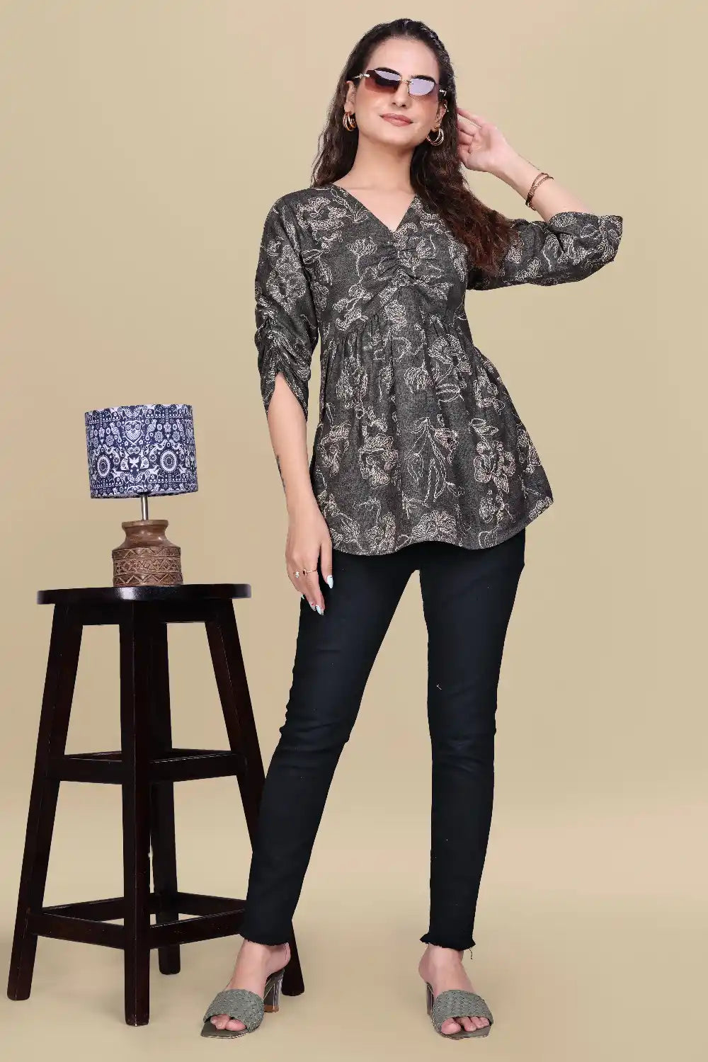 ZELZIS Black Printed Cotton V-Neck Tunic Top with Ruffle Sleeves