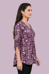 ZELZIS Purple Abstract Printed Cotton V-Neck Tunic Top with Ruffle Sleeves