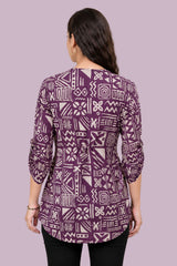 ZELZIS Purple Abstract Printed Cotton V-Neck Tunic Top with Ruffle Sleeves