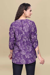 ZELZIS Purple Printed Cotton V-Neck Tunic Top with Ruffle Sleeves
