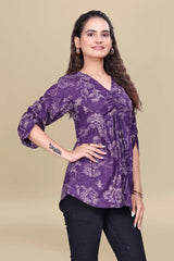 ZELZIS Purple Printed Cotton V-Neck Tunic Top with Ruffle Sleeves