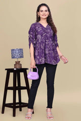ZELZIS Purple Printed Cotton V-Neck Tunic Top with Ruffle Sleeves
