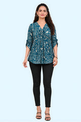 ZELZIS Teal Abstract Printed Cotton V-Neck Tunic Top with Ruffle Sleeves