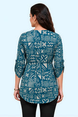 ZELZIS Teal Abstract Printed Cotton V-Neck Tunic Top with Ruffle Sleeves