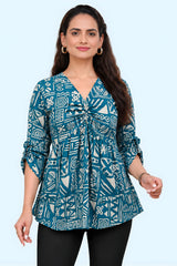 ZELZIS Teal Abstract Printed Cotton V-Neck Tunic Top with Ruffle Sleeves