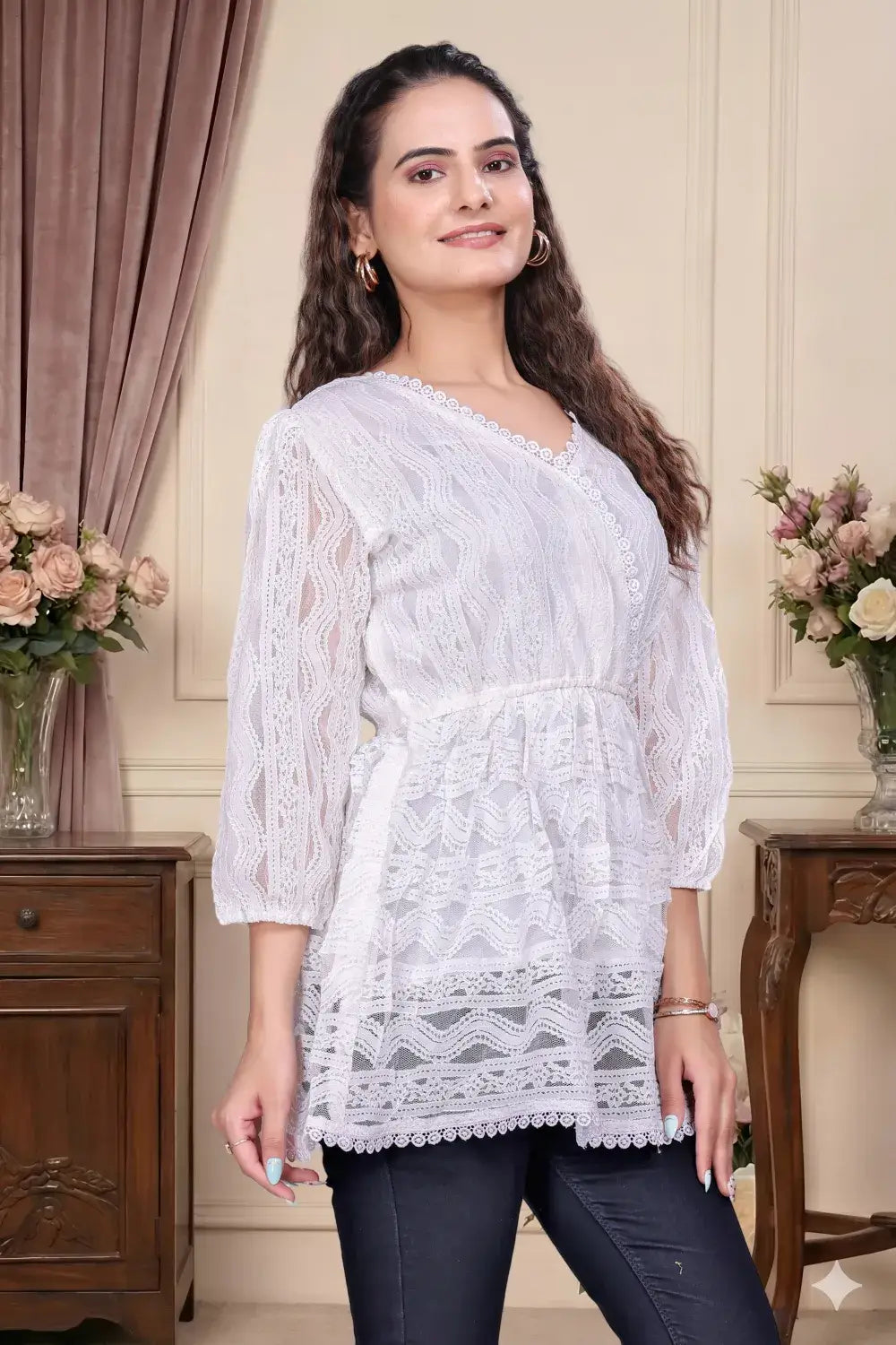 ZELZIS Women white Lace Net Top with Inner | V Neck Puff Sleeve Self Textured Hip Length Top for Casual & Daily Wear