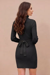 ZELZIS Women's Black Polyester Ribbed Bodycon Dress with Belt