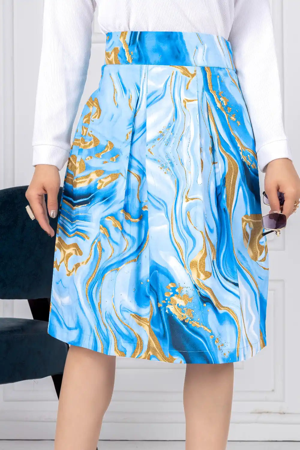 ZELZIS Women's Blue Marble Print Cotton Skirt with White Full-Sleeve Polyester Ribbed T-Shirt Set