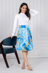ZELZIS Women's Blue Marble Print Cotton Skirt with White Full-Sleeve Polyester Ribbed T-Shirt Set