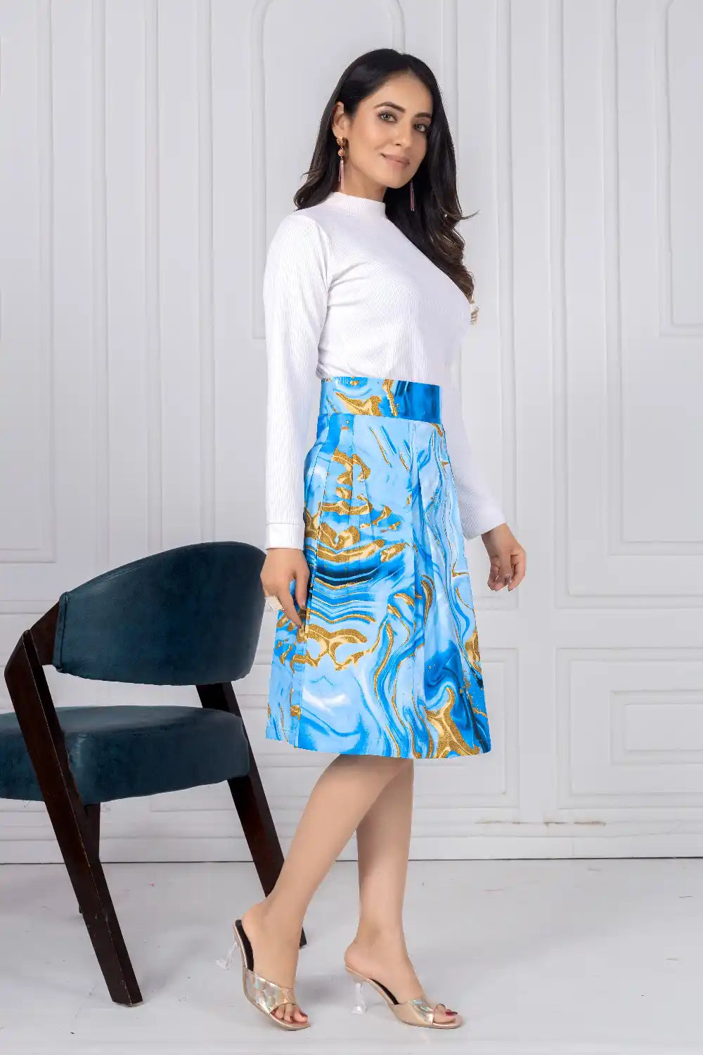 ZELZIS Women's Blue Marble Print Cotton Skirt with White Full-Sleeve Polyester Ribbed T-Shirt Set