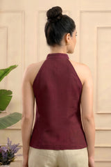 ZELZIS Women's Maroon Plain Pure Cotton Cowl Neck Sleeveless Top