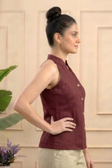 ZELZIS Women's Maroon Plain Pure Cotton Cowl Neck Sleeveless Top