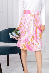 ZELZIS Women's Pink Marble Print Cotton Skirt with White Full-Sleeve Polyester Ribbed T-Shirt Set