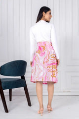 ZELZIS Women's Pink Marble Print Cotton Skirt with White Full-Sleeve Polyester Ribbed T-Shirt Set