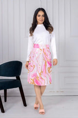 ZELZIS Women's Pink Marble Print Cotton Skirt with White Full-Sleeve Polyester Ribbed T-Shirt Set