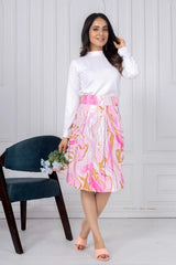 ZELZIS Women's Pink Marble Print Cotton Skirt with White Full-Sleeve Polyester Ribbed T-Shirt Set