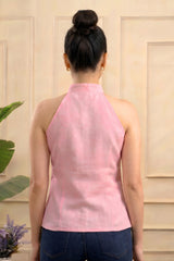 ZELZIS Women's Pink Plain Pure Cotton Cowl Neck Sleeveless Top