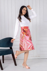 ZELZIS Women's Red Marble Print Cotton Skirt with White Full-Sleeve Polyester Ribbed T-Shirt Set
