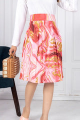 ZELZIS Women's Red Marble Print Cotton Skirt with White Full-Sleeve Polyester Ribbed T-Shirt Set