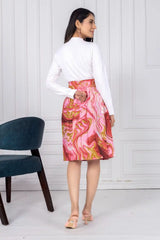 ZELZIS Women's Red Marble Print Cotton Skirt with White Full-Sleeve Polyester Ribbed T-Shirt Set
