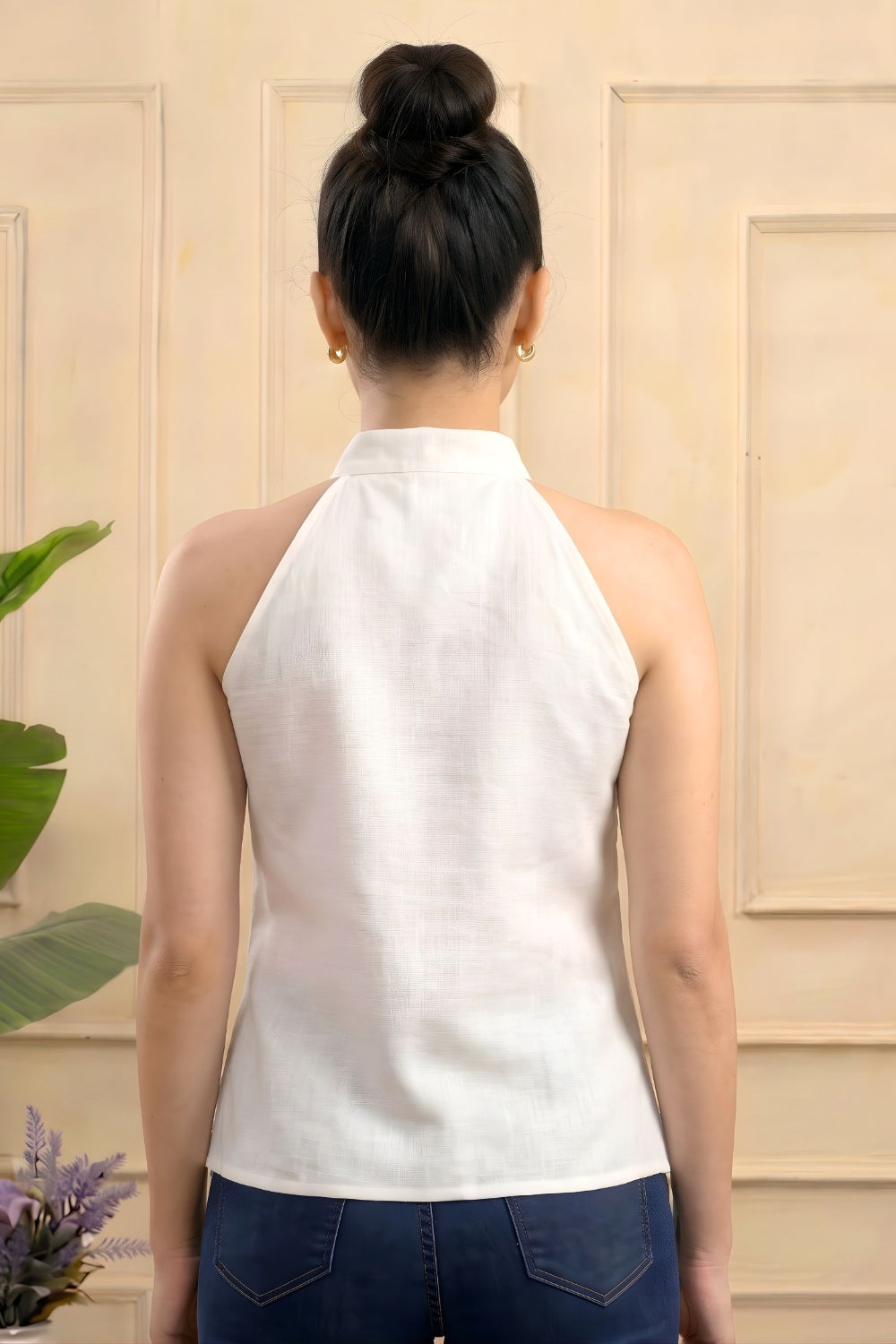 ZELZIS Women's White Plain Pure Cotton Cowl Neck Sleeveless Top
