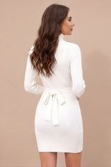 ZELZIS Women's White Polyester Ribbed Bodycon Dress with Belt