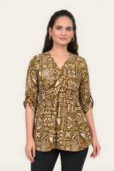 ZELZIS Yellow Abstract Printed Cotton V-Neck Tunic Top with Ruffle Sleeves