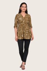 ZELZIS Yellow Abstract Printed Cotton V-Neck Tunic Top with Ruffle Sleeves