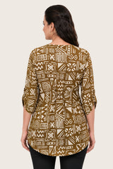 ZELZIS Yellow Abstract Printed Cotton V-Neck Tunic Top with Ruffle Sleeves