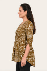 ZELZIS Yellow Abstract Printed Cotton V-Neck Tunic Top with Ruffle Sleeves