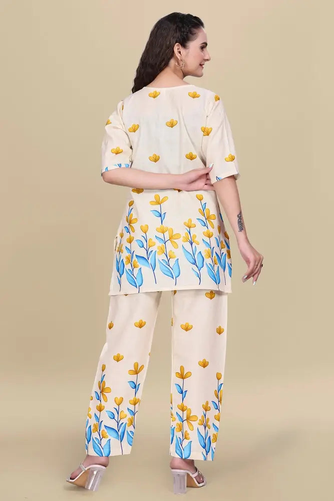 Woman wearing a floral outfit on a beige background
