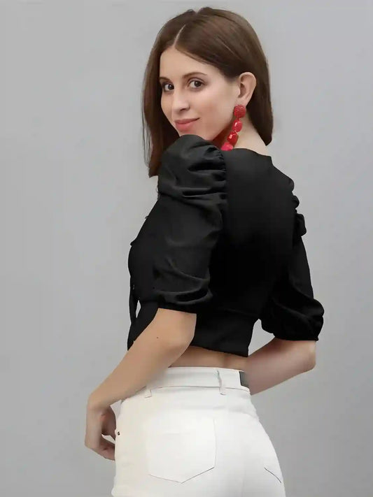 ZELZIS Black Solid Crop Length Top with Tie-Up Collar Neck
