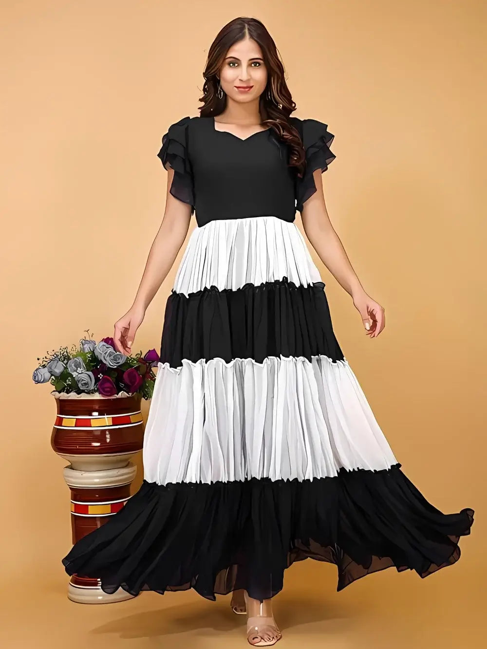 ZELZIS Black & White Colourblocked Maxi Dress Front View
