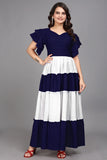 ZELZIS Blue Colourblocked Flared Maxi Dress for Women
